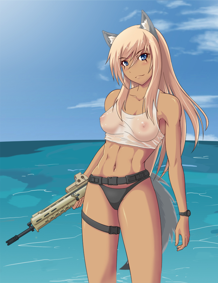 1girls abs animal_ear armpits assault_rifle bare_shoulders belt bikini_bottom black_panties blonde_hair blue_eyes breasts cloud dark_skin erect_nipples foxhound220 gun long_hair midriff navel nipples ocean original panties pointy_chin rifle see-through sky smile solo swimsuit tail tank_top thigh_strap toned toned_female underwear watch water weapon wet wolf_ears wolf_girl wolf_tail wolfling wristwatch