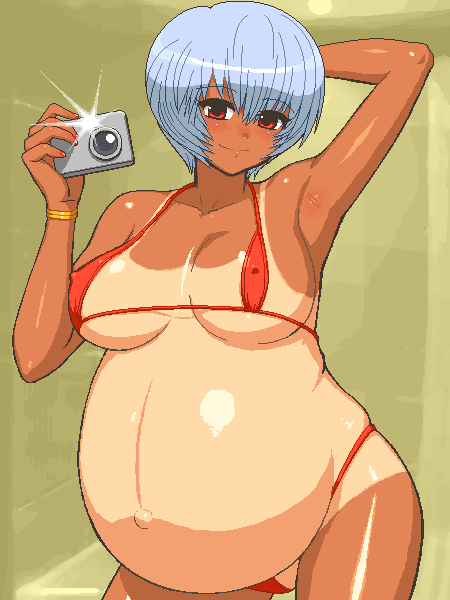 arm_behind_head arm_up bikini bracelets breasts camera female fingernails gold_bracelet hyper_pregnancy large_breasts looking_at_viewer nail_polish neon_genesis_evangelion nipples_visible_through_clothing oekaki outie_navel pose pregnant ready_to_pop red_bikini red_eyes red_nails rei_ayanami shiny_skin silver_hair small_breasts smile string_bikini swimsuit tan tanline tenseiani
