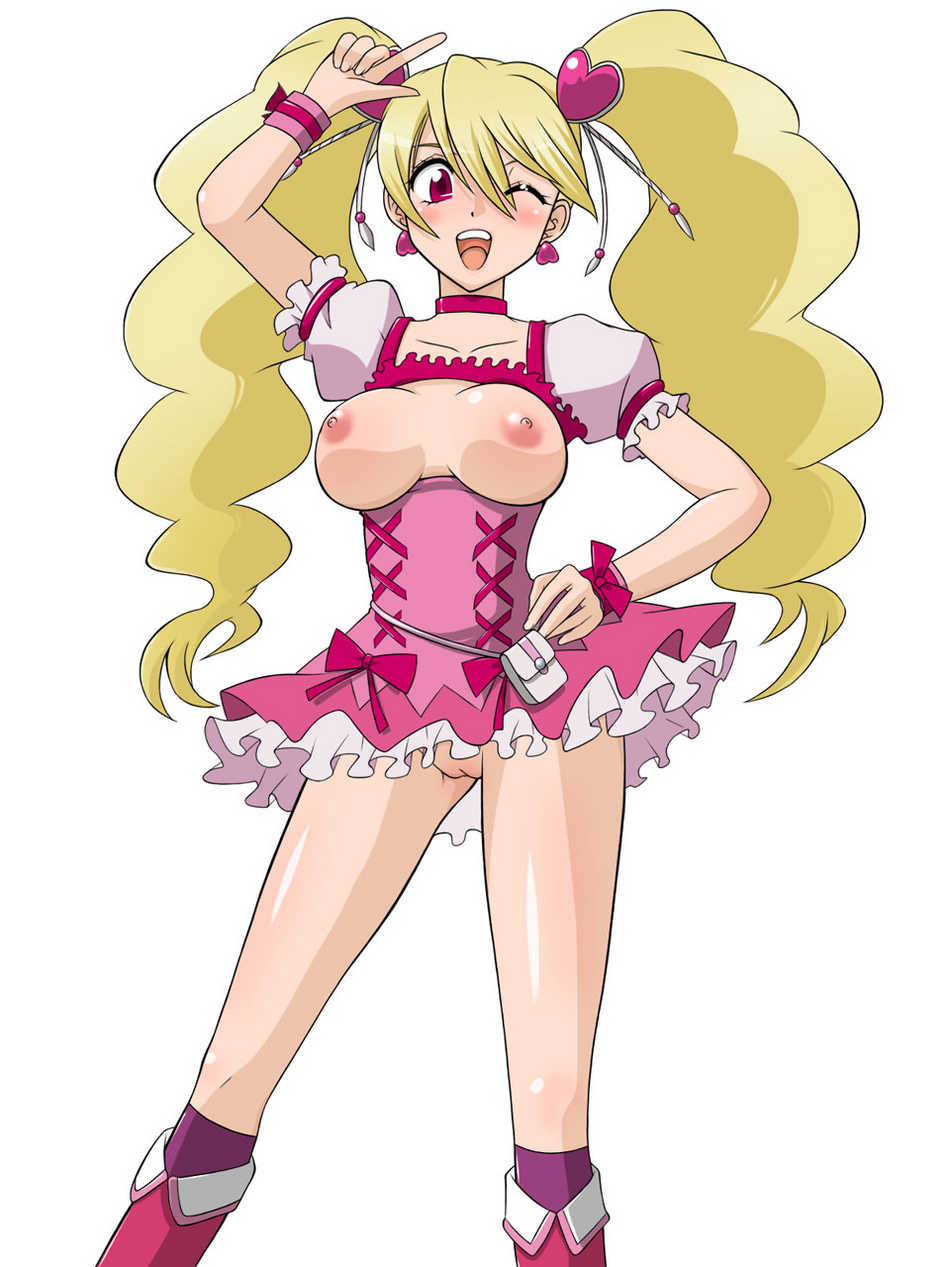 artist_request blush clothing cure_peach dress fresh_precure! fresh_pretty_cure! highres jpeg_artifacts magical_girl medium_breasts momozono_love nipples no_panties precure pretty_cure pussy smile uncensored wink