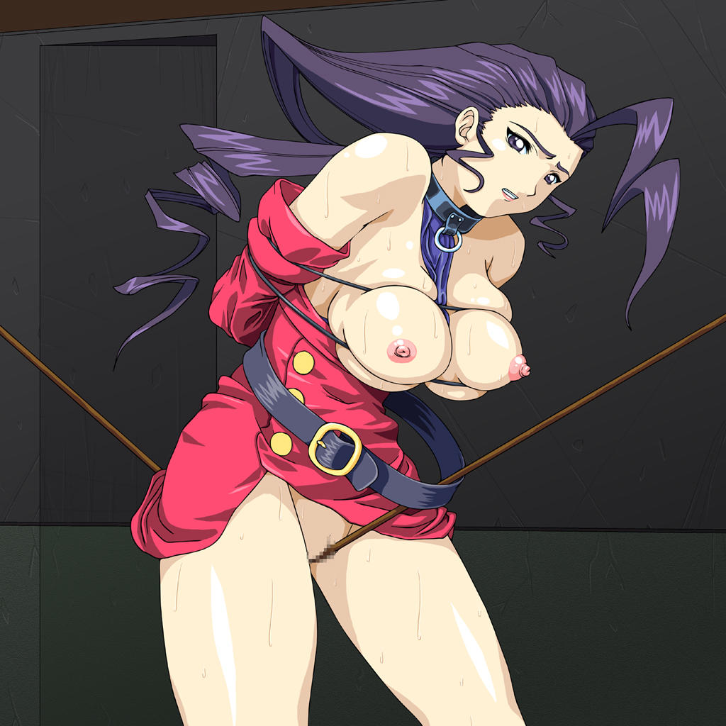 1girls antenna_hair bondage breasts capcom collar crotch_rope crotch_rub detached_sleeves dress female female_only human large_breasts long_hair onda_takeshi purple_eyes purple_hair rope_walking rose_(street_fighter) solo straight_hair street_fighter sweat