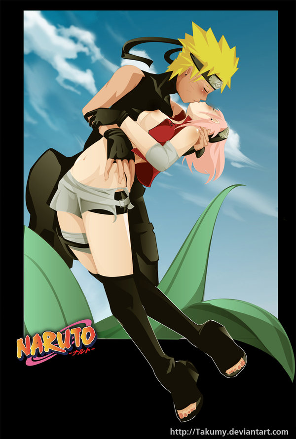1boy 1girls breasts female kissing male naruto naruto_(series) naruto_shippuden outdoors sakura_haruno sandals small_breasts straight_hair tagme uzumaki_naruto