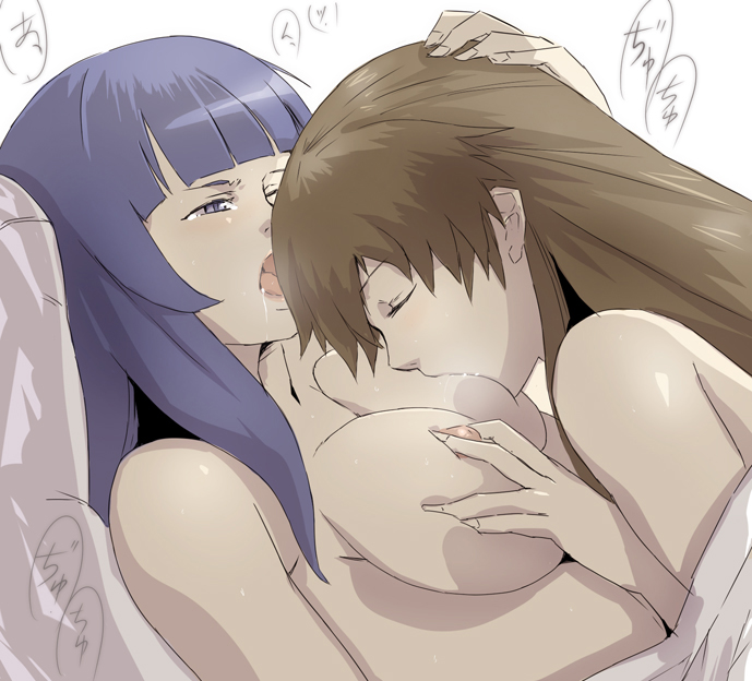 2girls blue_hair breast_biting breast_grab breast_sucking breasts brown_hair female florence_kirishima gundam hamushima large_breasts maria_owens multiple_girls nude saliva sd_gundam sd_gundam_g_generation text tongue yuri