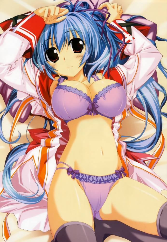 arms_up blue_hair bra breasts brown_eyes highres jpeg_artifacts large_breasts lingerie long_hair mitsumine_minato open_clothes open_robe oshiki_hitoshi panties ponytail purple_bra purple_panties red_eyes robe spread_legs suzunone_seven thighhighs tied_hair