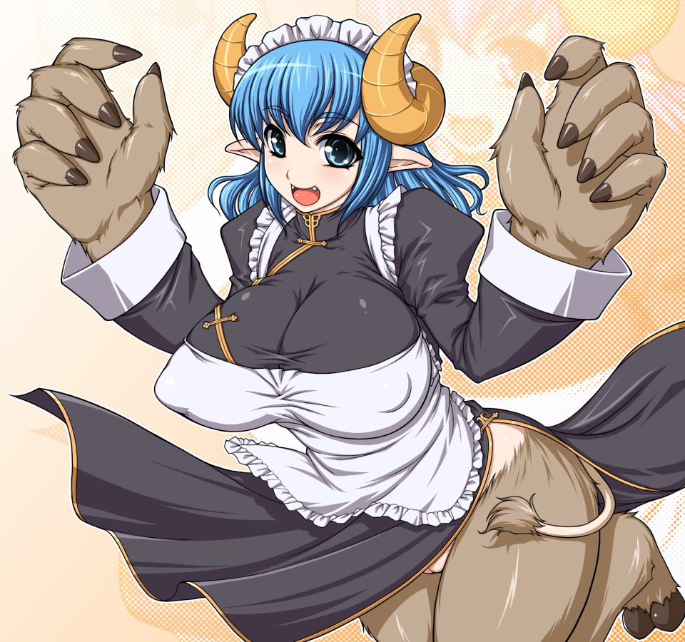 blue_eyes blue_hair breasts character_request curvy fangs female fur futaba_channel hooves horns huge_breasts long_hair maid masa_yuki monster_girl nijiura_maids open_mouth pointy_ears puffy_nipples pussy skirt_lift smile solo tail toutetsu