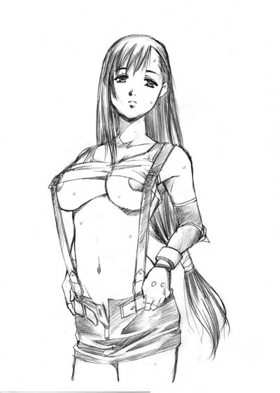breasts female female_only final_fantasy final_fantasy_vii human long_hair monochrome nipple_slip nipples shirt_lift sketch skirt smooth_skin solo sweat tifa_lockhart underboob undressing