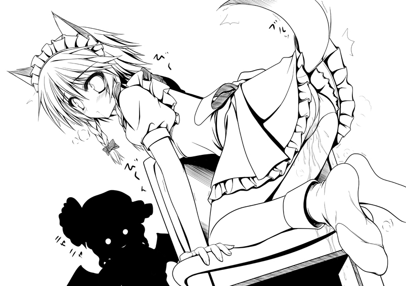 animal_ear braid chair dog_ear dog_tail feet footwear inu_sakuya kemonomimi_mode monochrome naturalton panties pussy_juice remilia_scarlet ribbon sakuya_izayoi socks tail touhou twin_braids underwear upskirt wet_panties