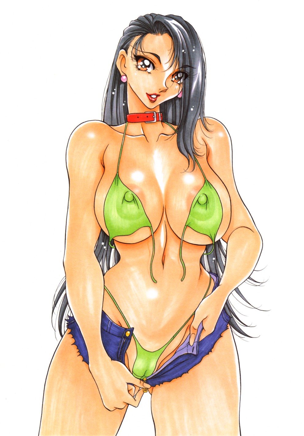 areola areolae azuki_kurenai bikini black_hair breasts denim denim_shorts hair highres huge_breasts jean_shorts long_hair panties shorts swimsuit thong underwear