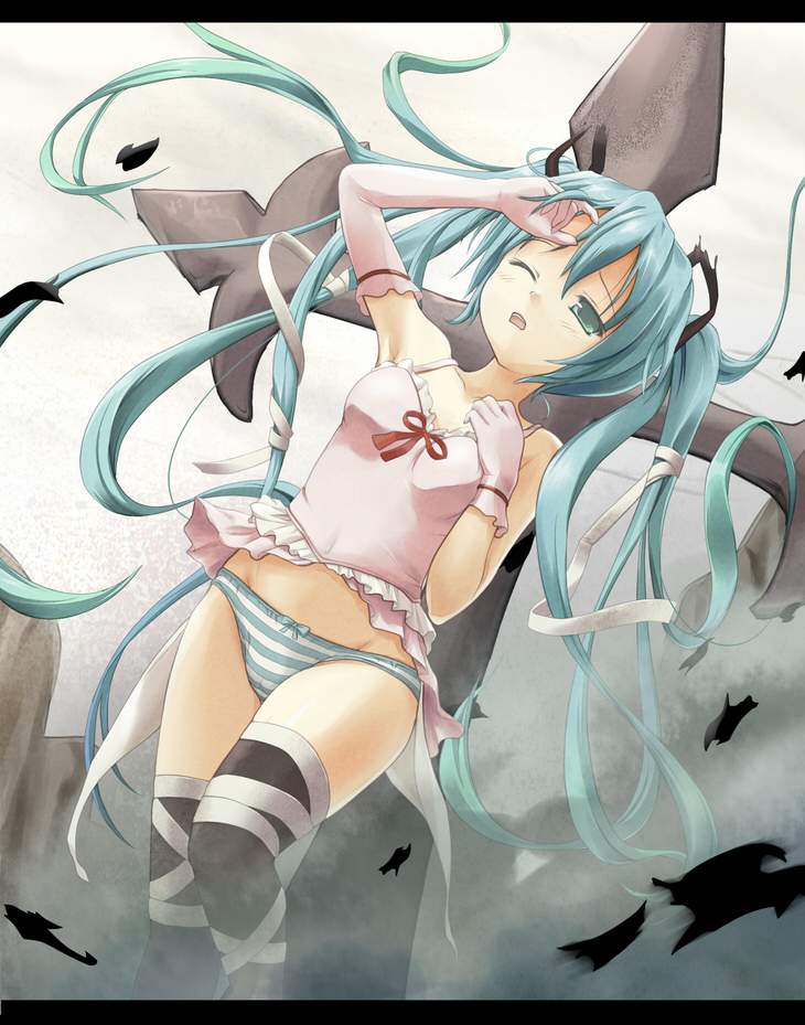 aqua_eyes aqua_hair asymmetrical_clothes clothes cross elbow_gloves female gloves hair hair_ribbon hand_on_forehead hatsune_miku kotobamaru letterboxed long_hair panties petals ribbon single_elbow_glove single_glove solo striped striped_panties thighhighs tied_hair twintails underwear vocaloid wink