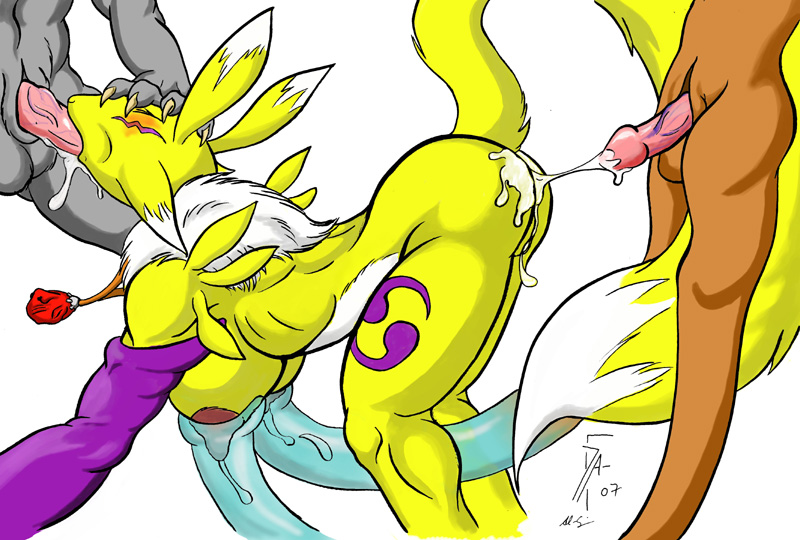 1girls 2007 2boys 2d anal anal_insertion anal_penetration anal_sex anthro anthro_on_anthro anthro_only artist_request balls cum cum_in_mouth cum_on_ass cumming digimon digital_media fellatio female female_focus furry furry_only irrumatio male oral oral_sex renamon sex simple_background slit spitroast straight testicles threesome white_background