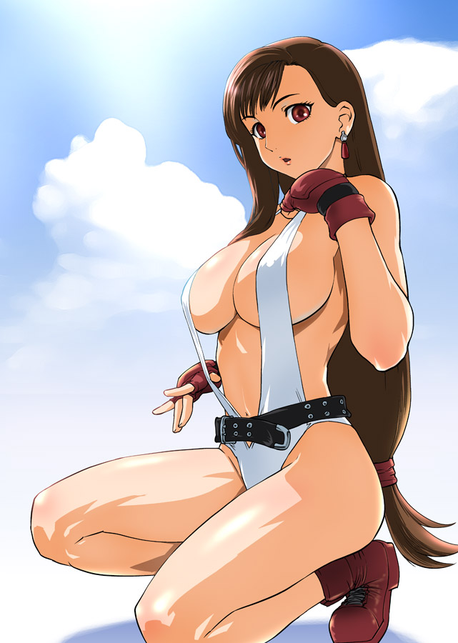 ass bare_legs beige_skin belt bikini breasts brown_hair cleavage clouds color earrings female female_only final_fantasy final_fantasy_vii fingerless_gloves gloves human jewelry kneeling large_breasts leotard lipstick long_hair red_eyes shoes sideboob sling_bikini smooth_skin solo swimsuit tifa_lockhart ueyama_michirou white_leotard