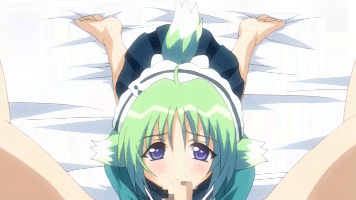 1boy 1girls 2d animal_ears animal_tail animated barefoot bed cap censored character_request feet fellatio female green_hair human human_male looking_at_viewer loop male male_pov on_bed oral oshiete_re:maid pov screencap sex straight tail