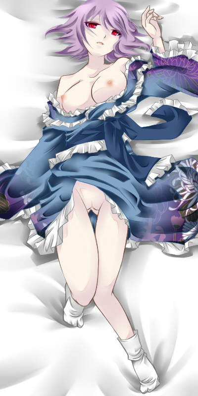 1girls bare_shoulders bed breasts dakimakura female footwear hal_(haruna) hal_(pixiv53536) japanese_clothes kimono lying nipples no_bra no_panties off_shoulder on_back open_mouth purple_hair pussy red_eyes short_hair socks solo tabi thigh_gap thighs touhou uncensored yuyuko_saigyouji