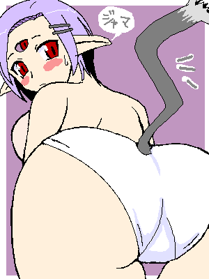 3_eyes adell's_mom ass bent_over blush border breasts demon_girl disgaea disgaea_2 elf lowres milf multi_eye nippon_ichi_software panties pixel pointy_ears purple_background purple_hair short_hair simple_background tail topless underwear white_border white_panties