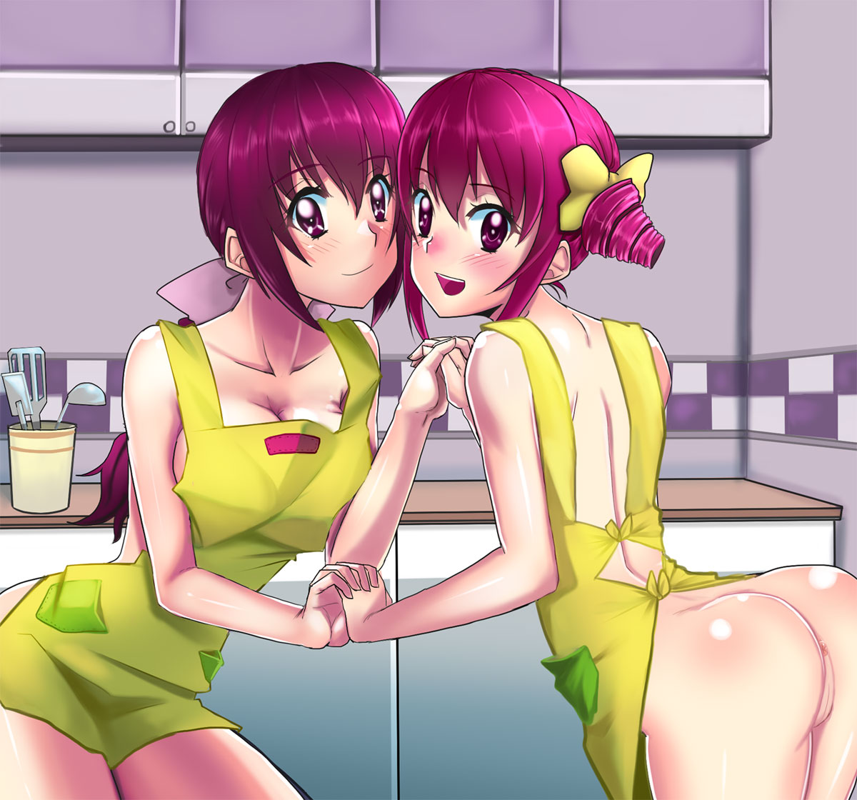 2girls :d apron ass blush bow breasts female hand_holding hoshizora_ikuyo hoshizora_miyuki kitchen long_hair looking_at_viewer medium_breasts mother_and_daughter multiple_girls naked_apron ponytail precure pretty_cure purple_eyes purple_hair pussy short_hair skyofgs smile smile_precure tied_hair uncensored