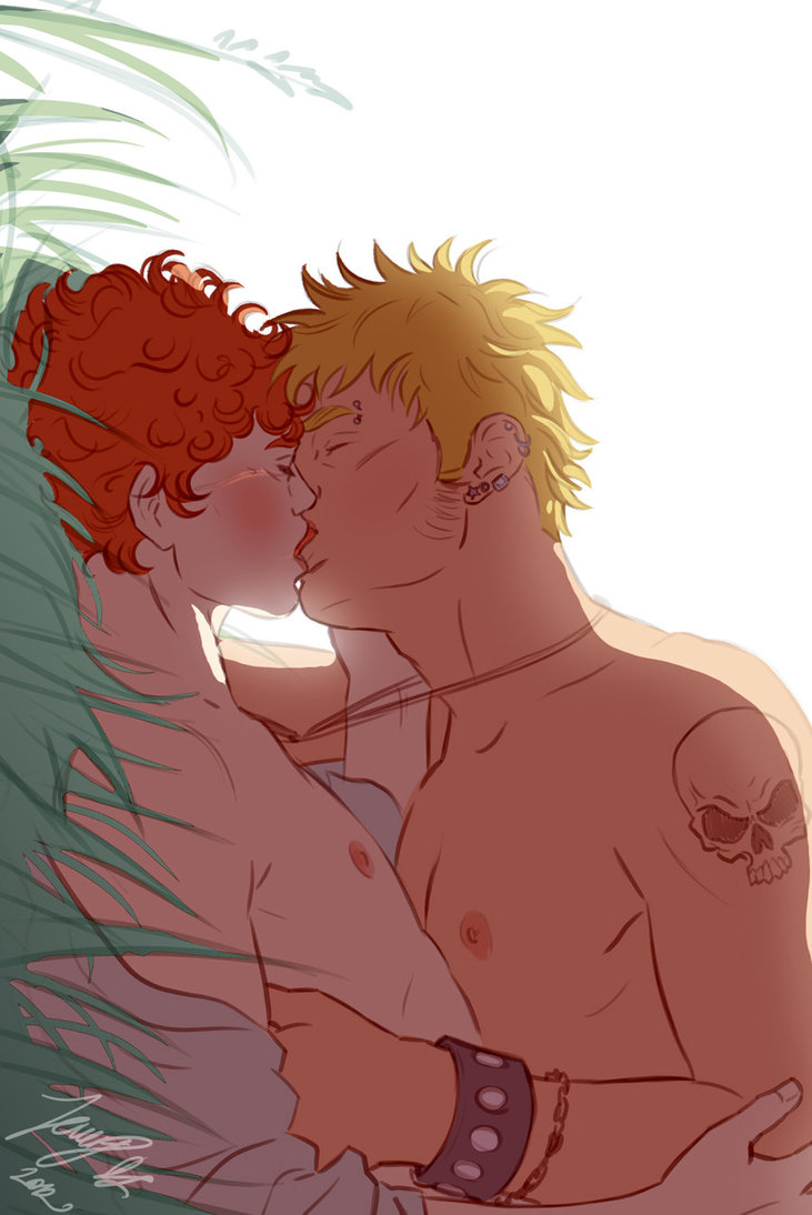 2boys aged_up blonde_hair bracelet closed_eyes ear_piercing earrings erect_nipples gay hand_on_cheek kissing kyle_broflovski lipstick male multiple_boys necklace nipples open_shirt red_hair romantic_couple shoulder_tattoo skull_tattoo south_park tattoo topless trent_boyett wristband yaoi