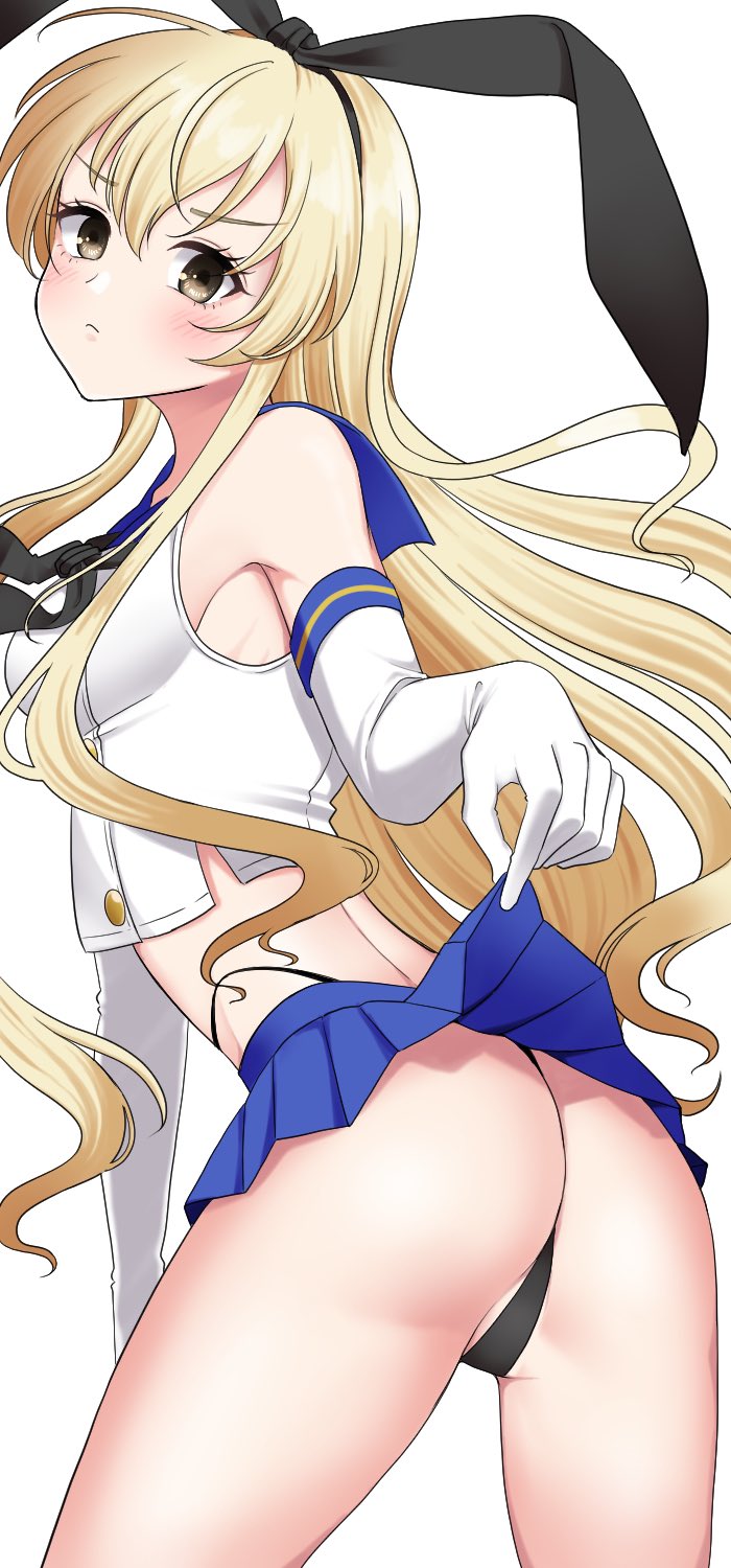 1girls ass bangs black_panties blonde_hair blue_sailor_collar blush breasts brown_eyes clothes_lift elbow_gloves female gloves hairband highleg highleg_panties highres kantai_collection lifted_by_self long_hair looking_at_viewer medium_breasts miniskirt panties pleated_skirt sailor_collar shimakaze_(kantai_collection) simple_background skirt skirt_lift solo thong underwear very_long_hair white_background white_gloves yomogi_dango