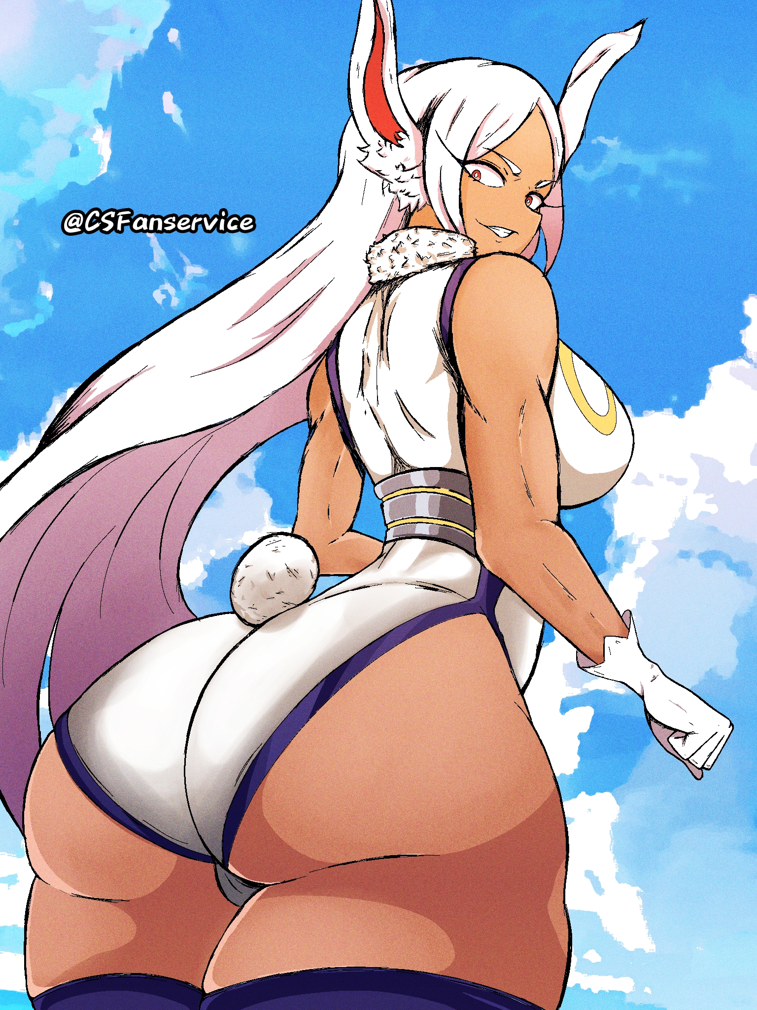 ass, big ass, big breasts, breasts, bunny ears, bunny girl, bunny tail, csfanservice, dark skin, dark-skinned female, female, gloves, hero outfit (mha), miruko, my hero academia, red eyes, rumi usagiyama, skin tight, solo, white hair