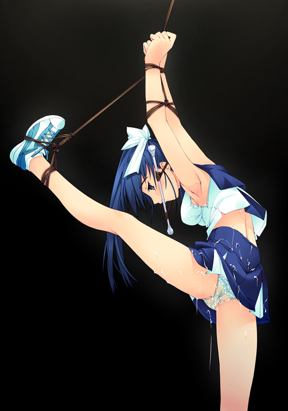 blue eyes, blue hair, blush, bondage, cheerleader, cheerleader uniform, cum on back, cum on clothes, cum on leg, female, gagged, leg up, murakami suigun, panties, rope bondage, skirt, spread legs, tied up