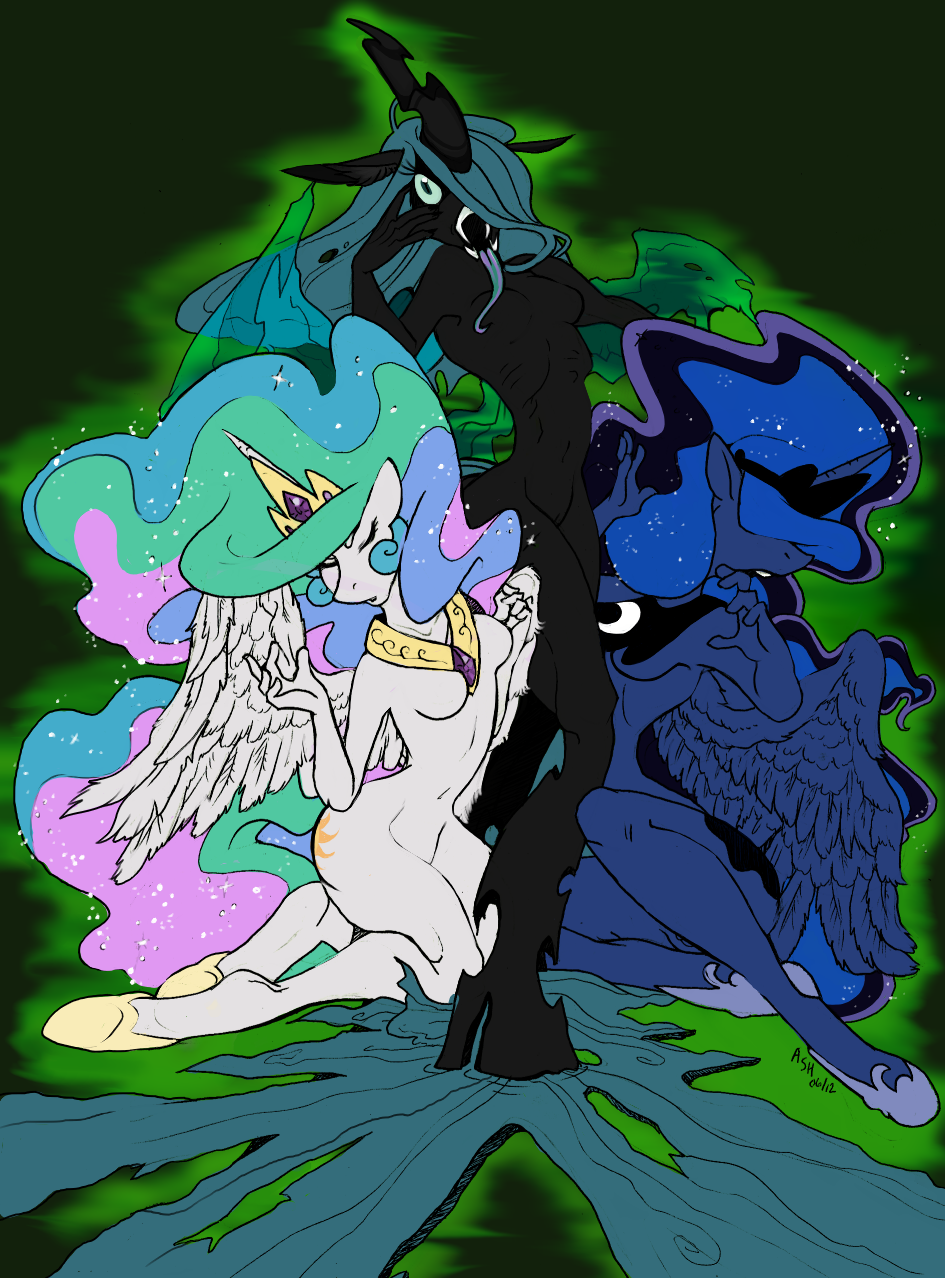 friendship_is_magic jabberwockychamber my_little_pony princess_celestia_(mlp) princess_luna_(mlp) queen_chrysalis_(mlp) smooth_skin