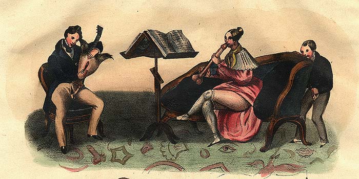 1girls 2boys achille_deveria antique balls_out crossed_legs erection female fine_art funny genital_instruments hiding holding_penis multiple_males multiple_penises musical_instrument pants_open penis_out public_domain skirt_up straight_hair