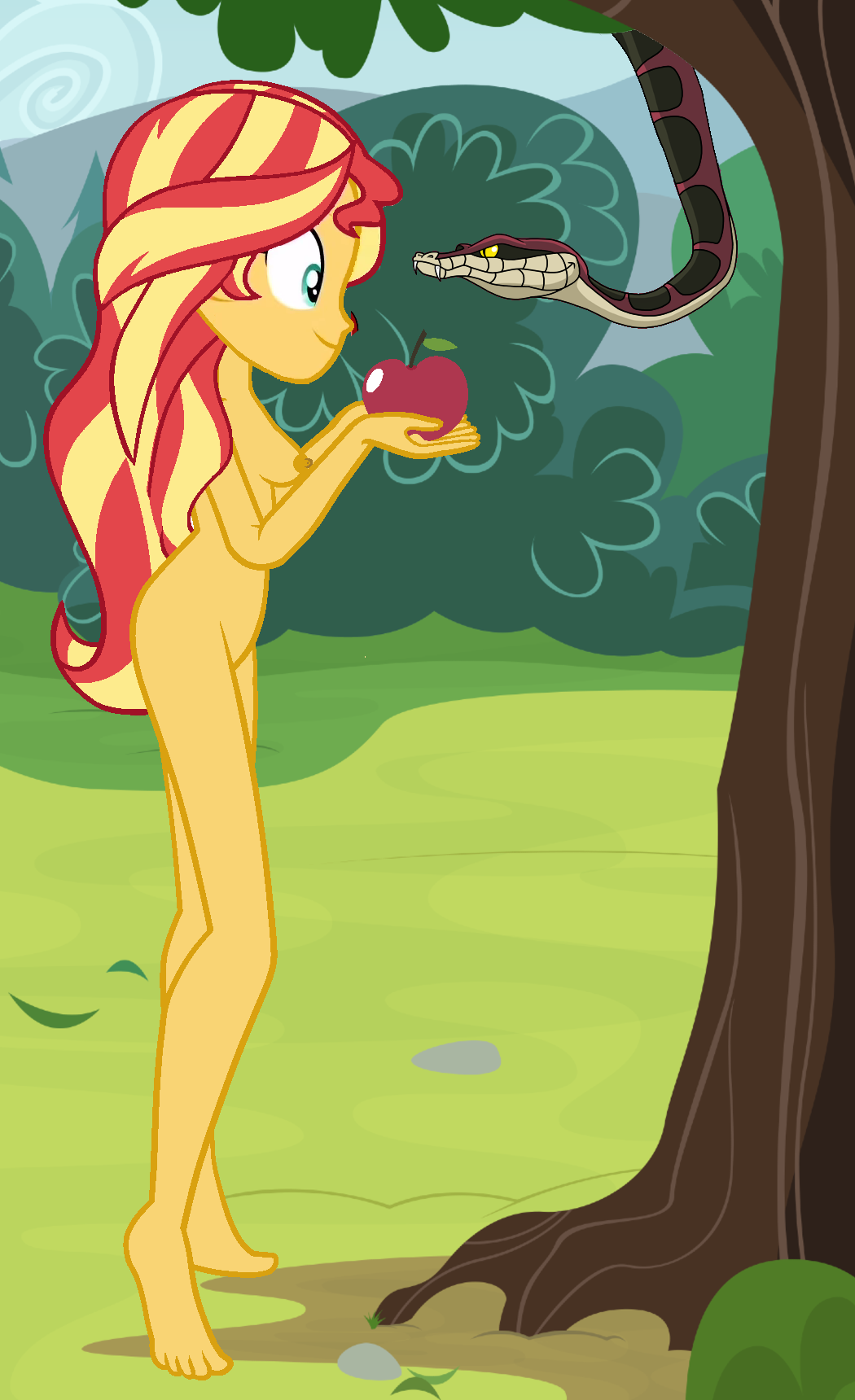 adam_and_eve apple areolae completely_nude completely_nude_female equestria_girls female forbidden_fruit garden_of_eden genesis hasbro my_little_pony nipples nudity photo religion serpent snake sunset_shimmer tree