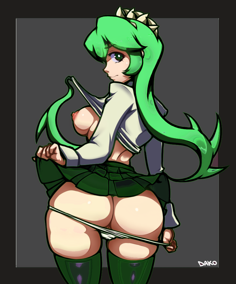 ed female filia_(skullgirls) green_hair hentai pants sexy skullgirls swordsmaned vagina