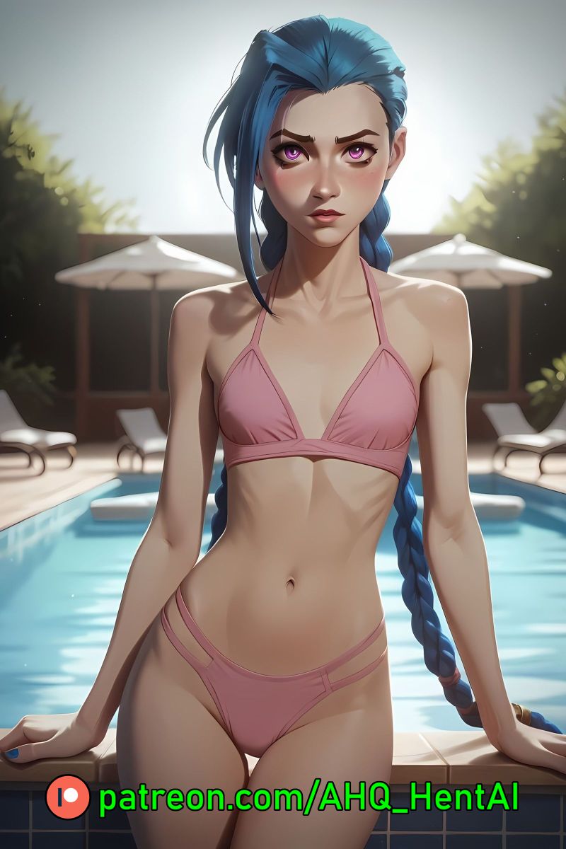 1girls ahq_hentai ai_generated arcane bikini blue_hair blush cute jinx_(league_of_legends) league_of_legends patreon perfect_body pink_bikini pink_eyes poolside small_breasts stable_diffusion standing