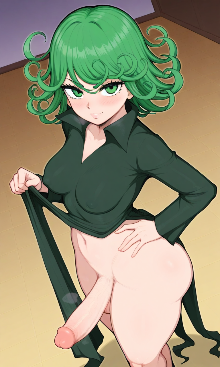 afrobull_(style) ai_generated big_ass big_breasts big_penis femdom futa_only futanari green_hair one-punch_man smiling tatsumaki