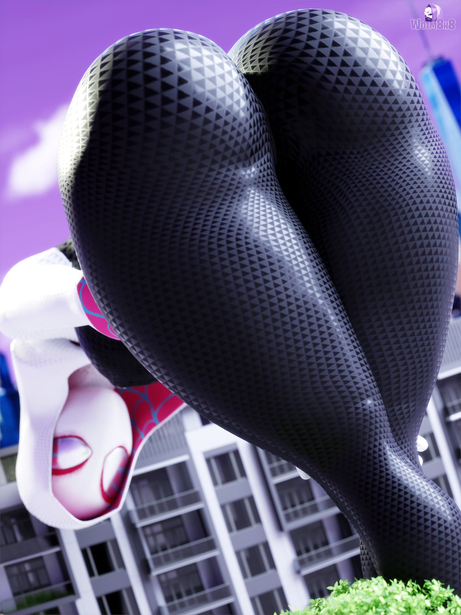 1girls, accurate art style, ass, big ass, big butt, city, clothing, female, female focus, female only, giant female, giantess, gwen stacy, heroine, looking at viewer, looking back, looking back at viewer, marvel, marvel comics, mask, masked, masked female, spider-gwen, spider-man (series), spider-man: across the spider-verse, spider-man: into the spider-verse, superheroine, thick thighs, thighs, wotm8h8
