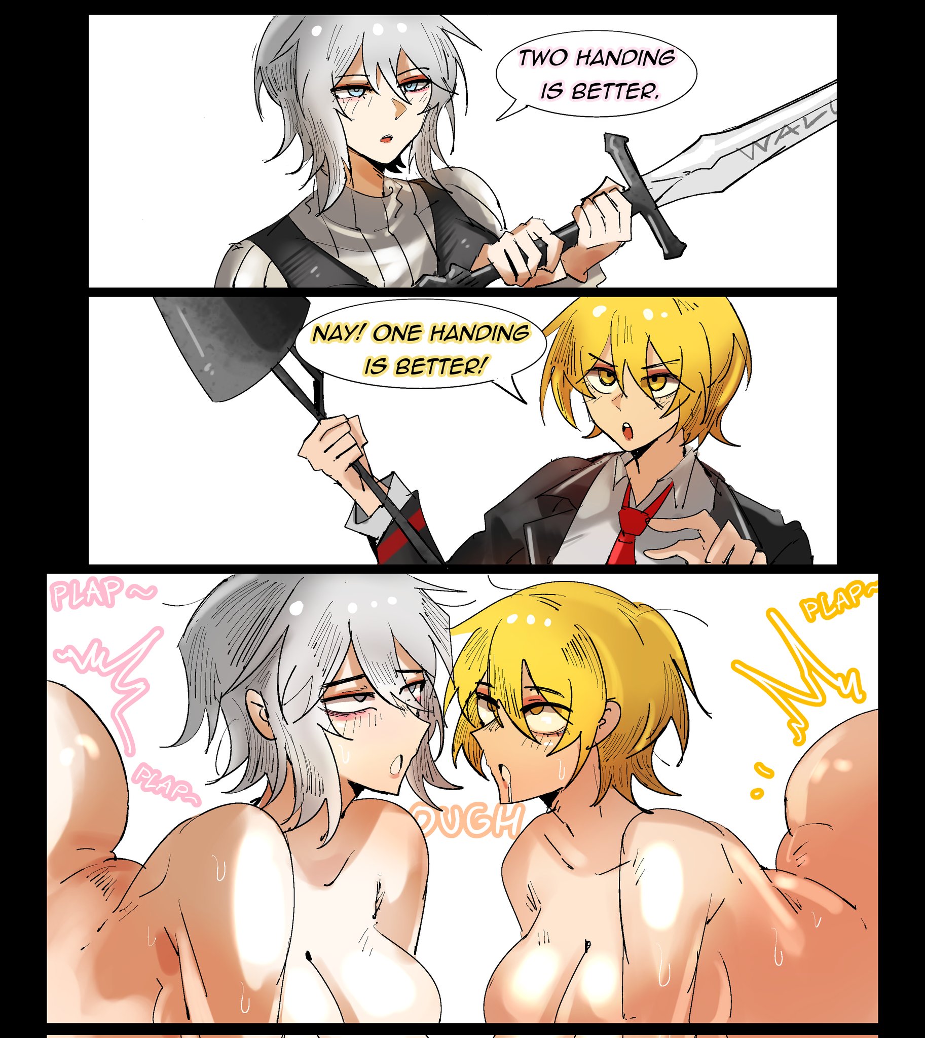 2girls, ahe gao, arczaeon, arguing, blonde hair, blue eyes, breasts, dark-skinned male, don quixote (limbus company), faust (limbus company), holding weapon, huge ass, huge breasts, light skin, light-skinned female, limbus company, moaning, orgy, plap, project moon, sweat, sweating, tie, uniform, weapon, white hair, yellow eyes