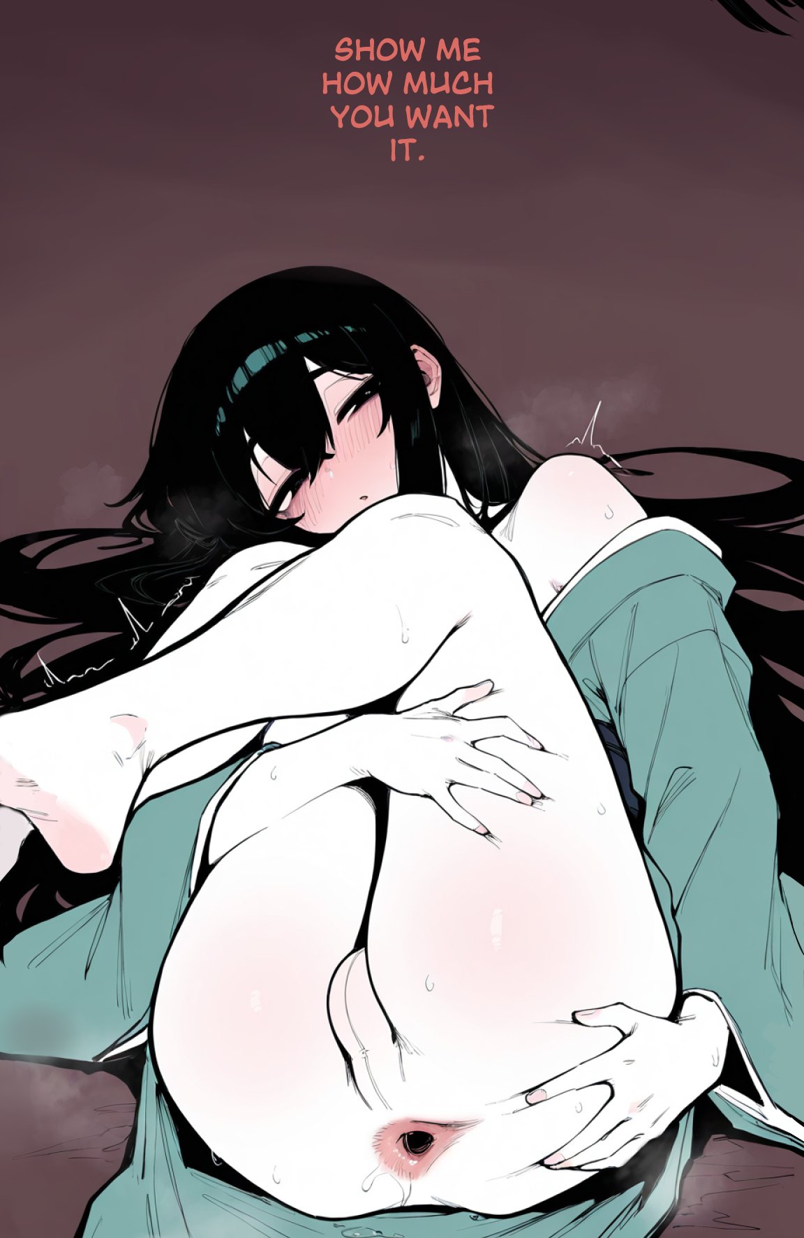 ai generated, balls, black hair, blush, clothing, dialogue, long hair, male, offscreen character, presenting, presenting anus, solo, solo male, spread ass, tagme, whinyzza