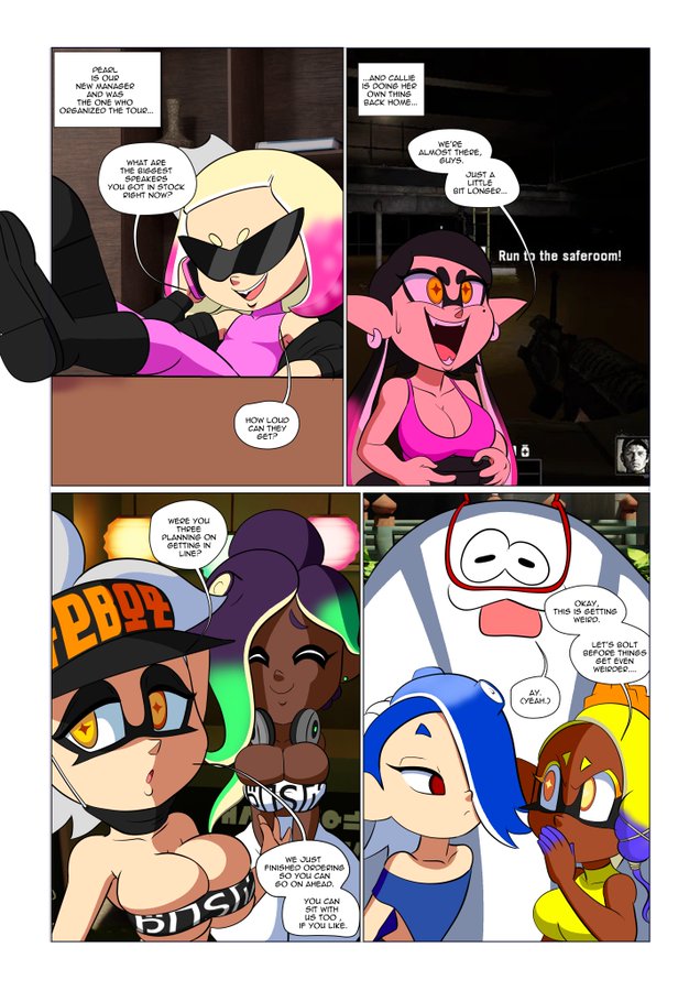 1boy 2025 6girls bedroom_eyes big_breasts big_man_(splatoon) black_crop_top black_eyelashes black_hair black_mask blue_eyebrows blue_hair blue_shawl boots both_eyes_closed breasts callie_(splatoon) cephalopod cephalopod_humanoid comic_cover comic_panel crop_top crown dark-skinned_female dark_skin digital_drawing_(artwork) digital_media_(artwork) frye_(splatoon) frye_onaga glasses glasses_on_face green_hair grey_hair hair_over_eye hair_over_one_eye hand_covering_mouth headband headgear headphones headwear hi_res holding_controller holding_object holding_phone left_4_dead_2 legs_up light-skinned_female light_hair light_skin long_hair looking_at_partner manta_ray marie_(splatoon) marina_(splatoon) medium_hair multicolored_hair nintendo open_mouth open_smile page_6 pearl_(splatoon) pink_hair purple_hair red_eyes sharp_teeth shiver_(splatoon) shiver_hohojiro short_hair smiling splatoon splatoon_(series) splatoon_3 tansau tentacle tentacle_hair text text_box text_bubble thick_thighs two-tone_hair video_games whispering white_crop_top yellow_eyebrows yellow_eyelashes yellow_eyes yellow_hair yellow_pupils yellow_shirt