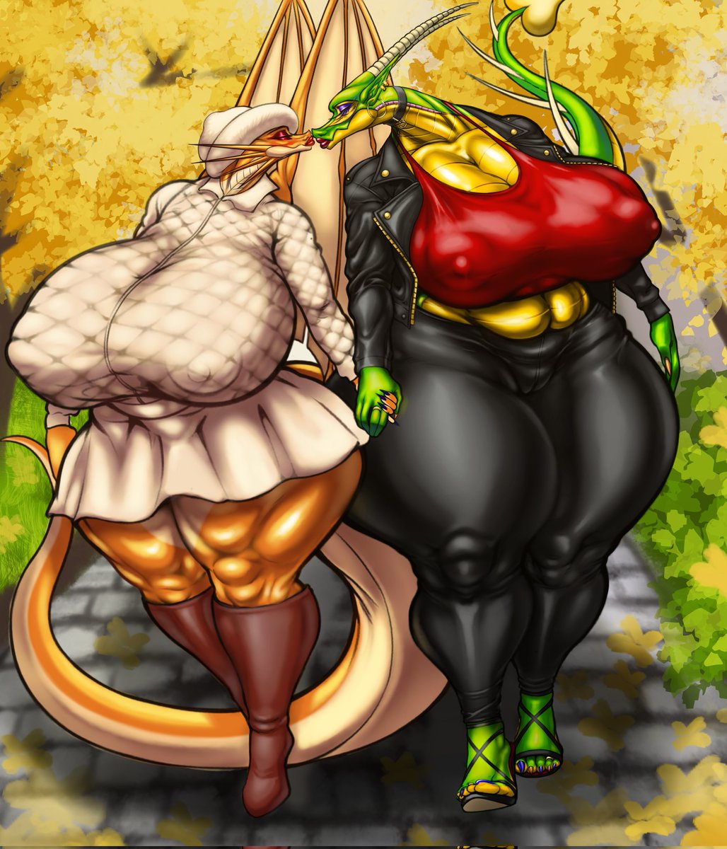 2girls anthro areolae areolae_visible_through_clothing ass ass_bigger_than_head autumn big_areola big_ass big_breasts big_butt boots breasts breasts_bigger_than_head bubble_butt choker closed_eyes clothing curvaceous curvy curvy_figure cute dragon dragon_girl dragon_horns dumptruck_ass erect_nipples erect_nipples_under_clothes female female_only fully_clothed hand_holding hat horns huge_ass huge_breasts hyper_ass jacket kissing lipstick long_tail mature_female milf musclegut neckwear red_lipstick rhaenys_bronzescale_(rhaenysbronze) sandals scalie sekkusu sekkusu_no_megami_(sekkusu) skirt spines tagme tail thick_thighs voluptuous voluptuous_female wide_hips wings yuri