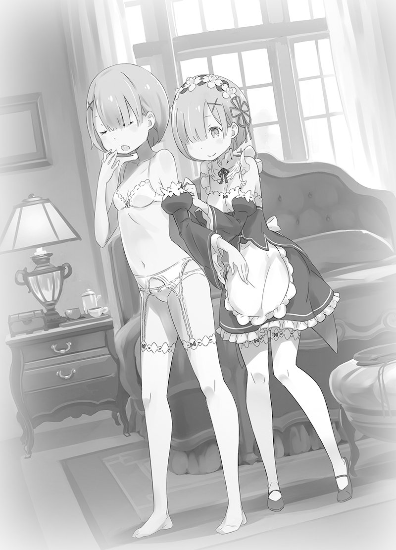 apron bare_belly belly_button black_and_white blush breasts cleavage closed_mouth collarbone detached_sleeves dressing dressing_another garter_belt hair_ornament hair_over_one_eye hairband hand_to_own_mouth indoors lingerie maid novel_illustration official_art ootsuka_shin'ichirou open_mouth panties ram_(re:zero) re:zero_kara_hajimeru_isekai_seikatsu rem_(re:zero) short_hair sisters small_breasts smile standing thighhighs thighs tiptoes twins underwear underwear_only yawning