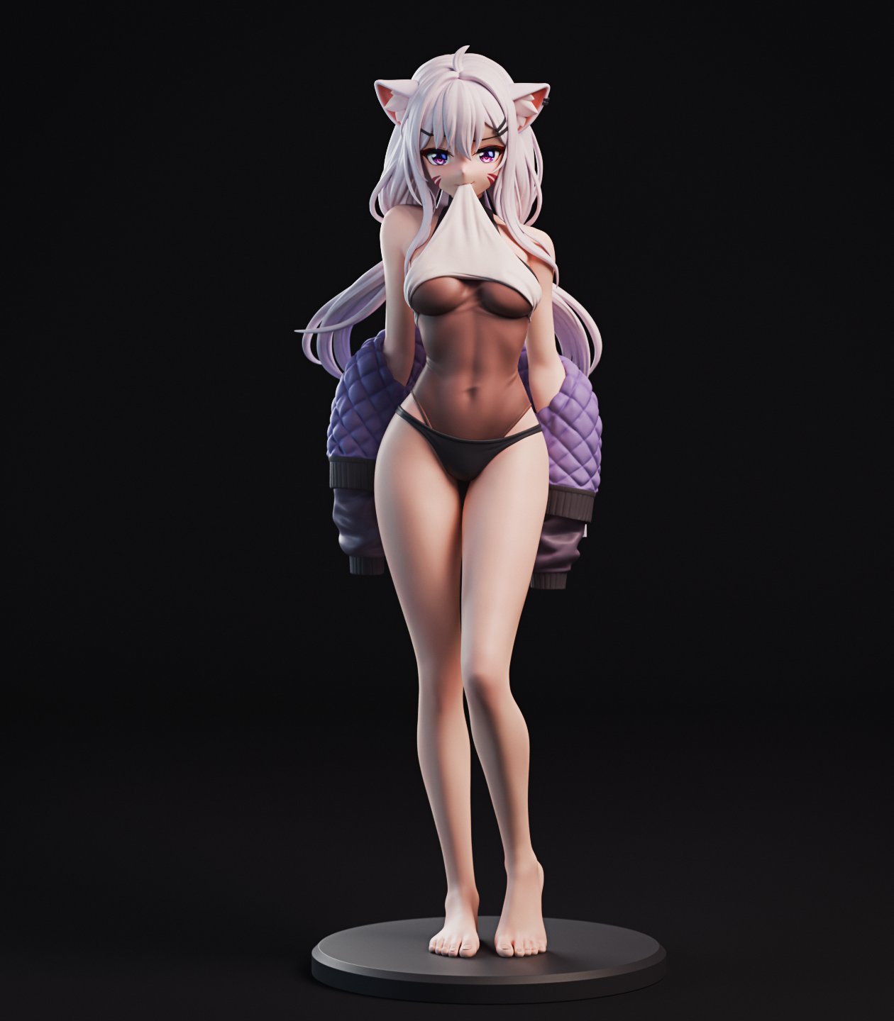 abs animal_ears bangs bare_legs bare_shoulders barefoot black_background black_panties breasts cat_ears crop_top eyebrows_visible_through_hair female full_body gradient hair_ornament hairclip large_breasts long_hair looking_at_viewer medium_breasts navel panties purple_eyes silver_hair sleeveless solo squchan_(vtuber) standing stomach underwear vyugen white_hair