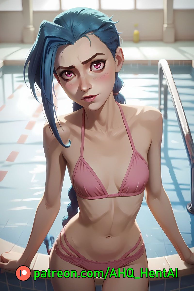 1girls ahq_hentai ai_generated arcane bikini blue_hair blush cute jinx_(league_of_legends) league_of_legends patreon perfect_body pink_bikini pink_eyes poolside small_breasts stable_diffusion standing