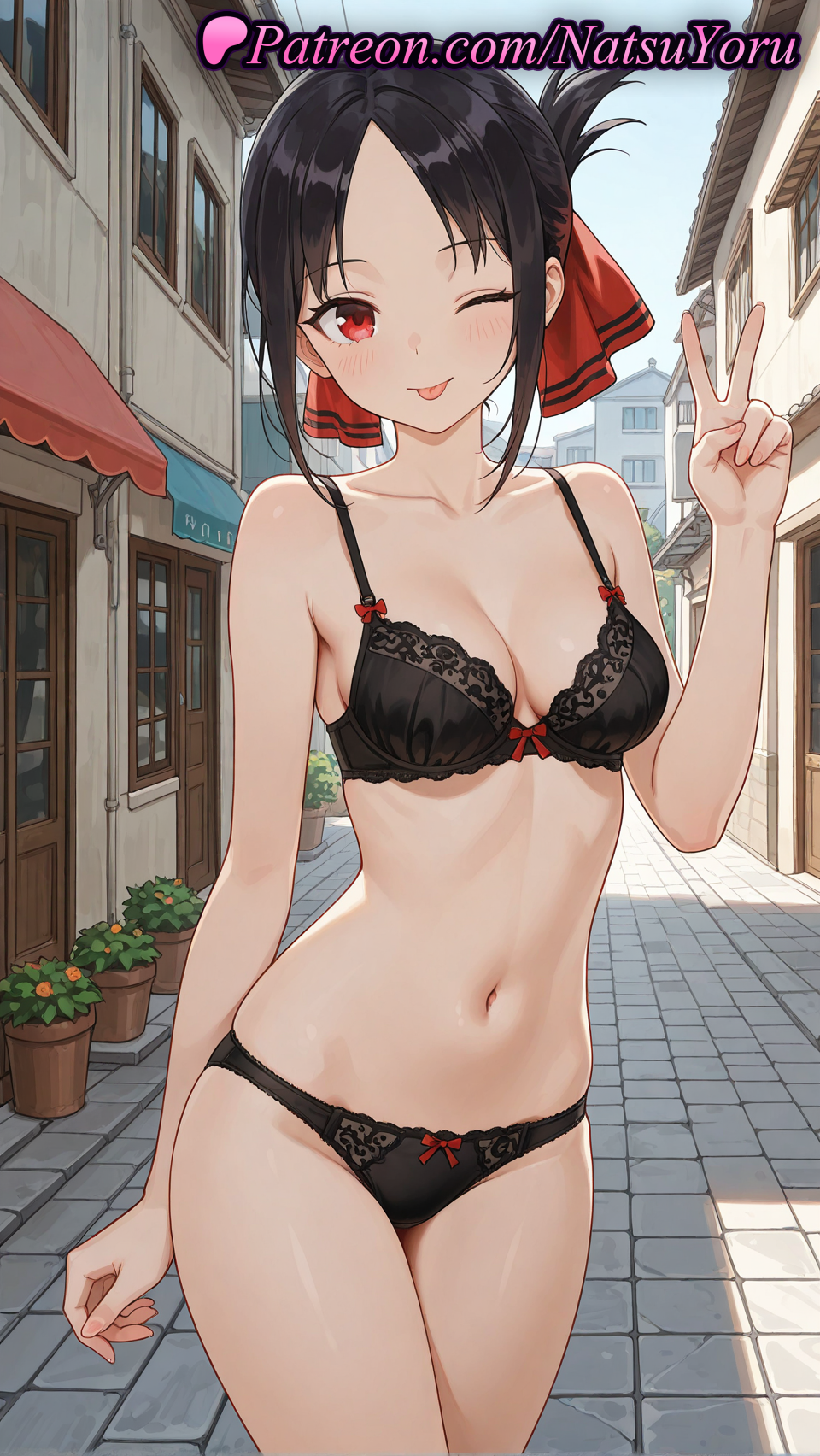 1girls :p ;p ai_generated anime anime_style asian bangs bare_arms bare_shoulders black_bra black_hair black_panties blue_sky blush bow bow_bra bow_panties bra breasts building bust busty cleavage collarbone cowboy_shot day female female_focus female_only female_solo folded_ponytail hair_ribbon hair_ribbons hand_up hentai kaguya-sama_wa_kokurasetai_~tensai-tachi_no_renai_zunousen~ lace-trimmed_bra lace-trimmed_panties lace_trim large_breasts lingerie looking_at_viewer medium_breasts natsuyoru navel one_eye_closed outdoors panties pantsu parted_bangs plant potted_plant red_eyes red_ribbon ribbon road shinomiya_kaguya short_hair sidelocks skindentation sky small_breasts smile solo solo_female standing stomach street thighs tongue tongue_out town underwear underwear_only v voluptuous voluptuous_female