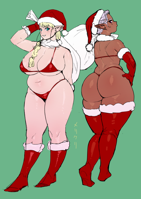 2girls big_ass big_breasts bubble_ass bubble_butt christmas dark-skinned_female elf elf-san_wa_yaserarenai elf_ears elf_female elf_girl huge_breasts light-skinned_female synecdoche thick_thighs