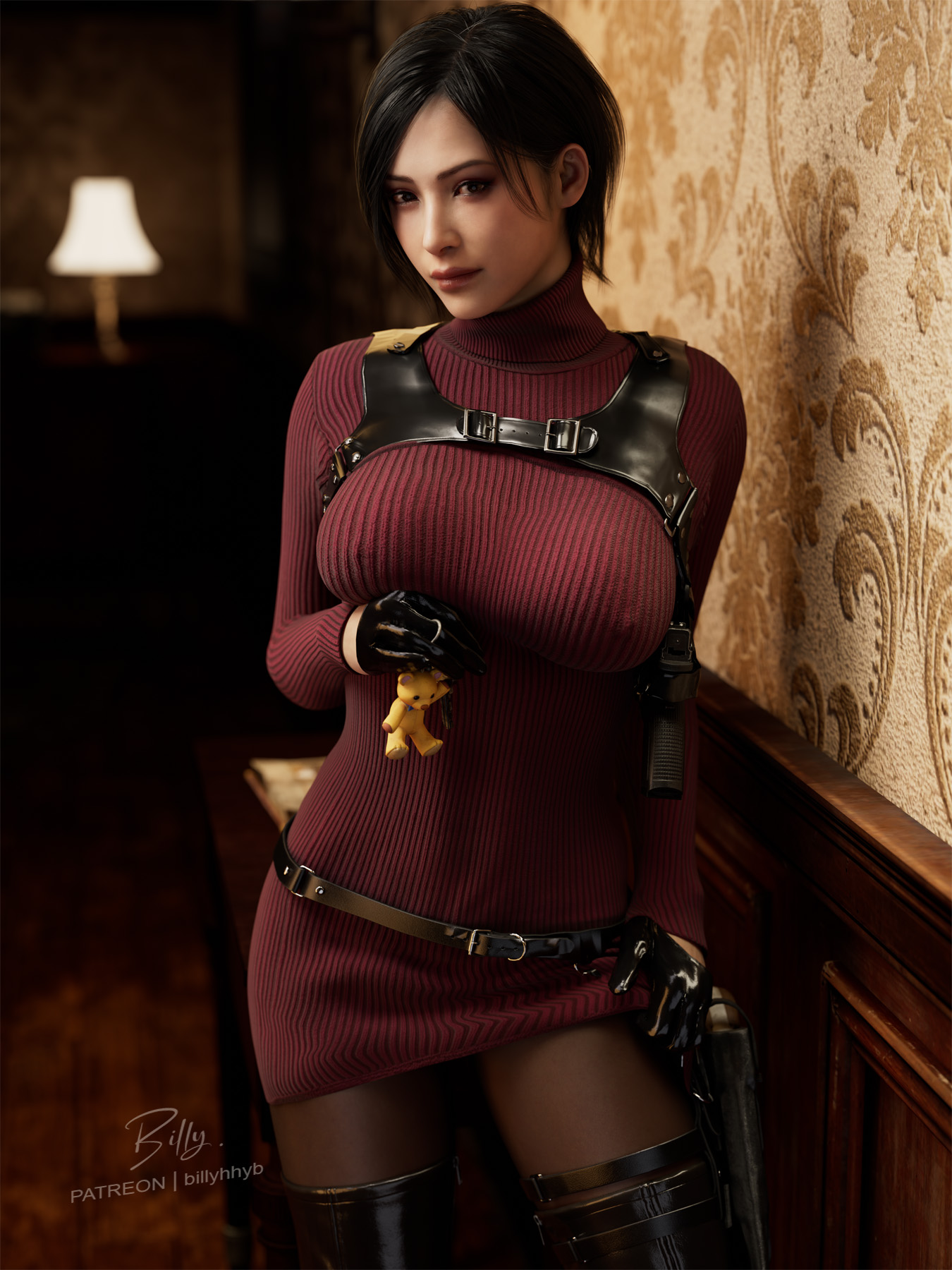 1girls, 3:4, 3d, ada wong, artist name, asian female, belt, big breasts, billyhhyb, black boots, black gloves, black hair, boots, breasts, brown eyes, capcom, dress lift, female, female only, firearm, gloves, gun, half gloves, hi res, highres, holding object, indoors, lamp, long sleeves, looking at viewer, nipple bulge, pantyhose, patreon, patreon username, pistol, pokies, red dress, resident evil, resident evil 2, resident evil 2 remake, resident evil 4, resident evil 4 remake, short hair, shoulder holster, solo, standing, sweater dress, thigh boots, thigh holster, weapon