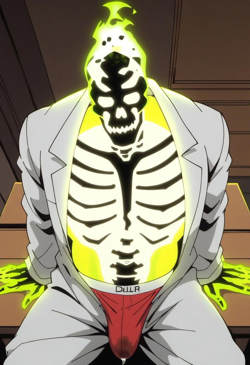 ai_art ai_generated bulge creature_commandos doctor_phosphorus glowing labcoat male_only nickhoult precum precum_drip pubic_hair skeleton underwear