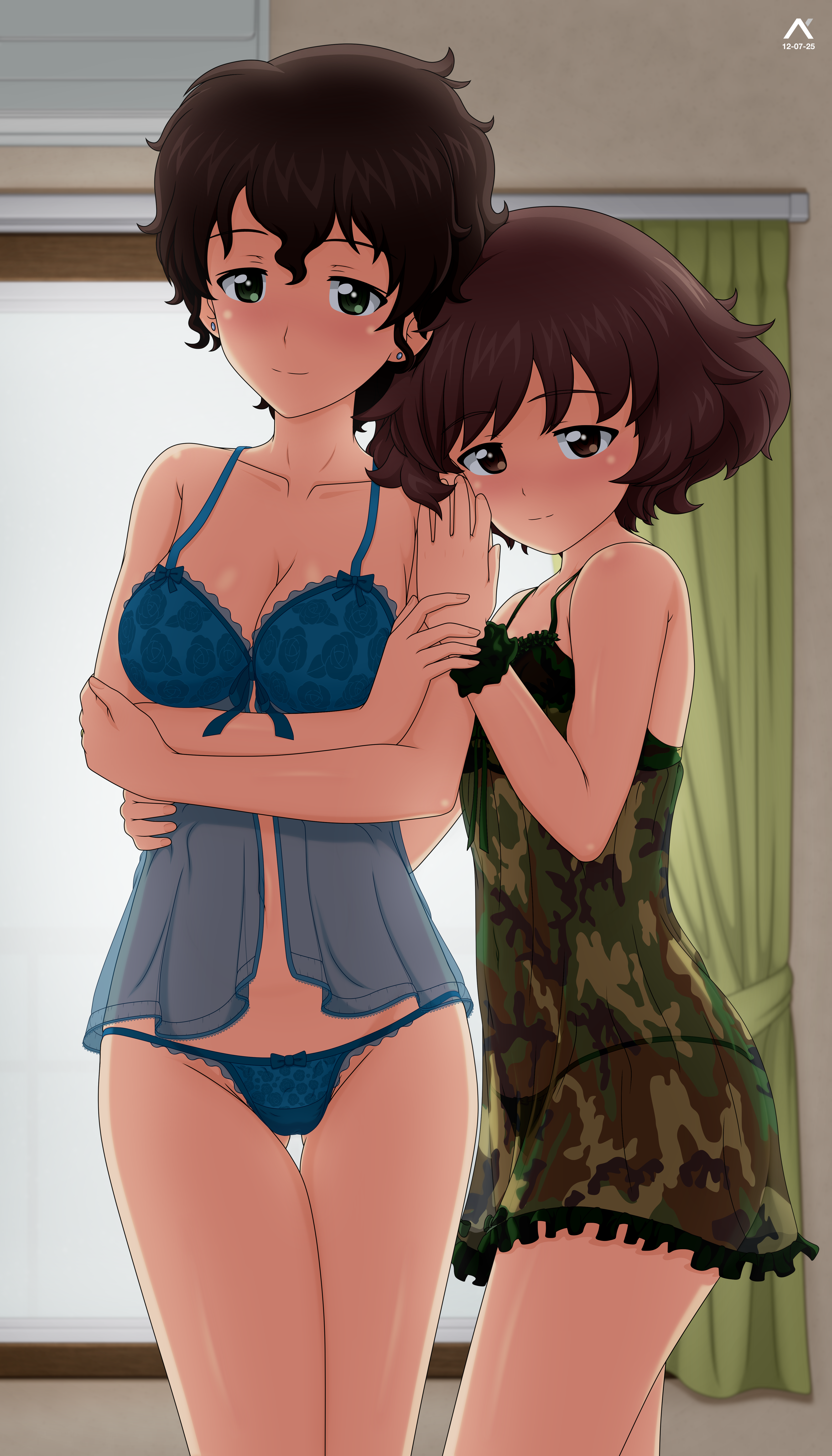 2girls, acrux, akiyama yoshiko, akiyama yukari, babydoll, bra, breasts, female, girls und panzer, large breasts, lingerie, milf, mother and daughter, panties, short hair, sluts