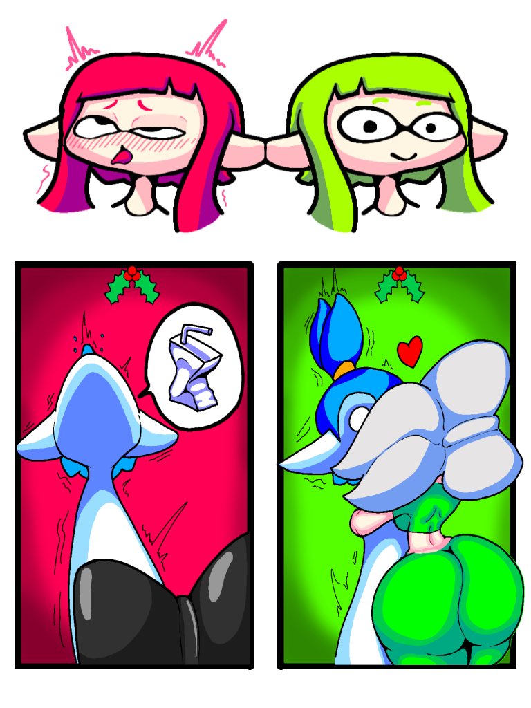 2024 2boys 4girls 5_fingers ahe_gao ahegao_face big_ass big_breasts callie_(splatoon) cephalopod cephalopod_humanoid christmas comedy female funny humor implied_blowjob implied_fellatio implied_oral inkling inkling_boy inkling_girl kissing marie_(splatoon) mistletoe splatoon tagme thehoarder00 tongue tongue_out