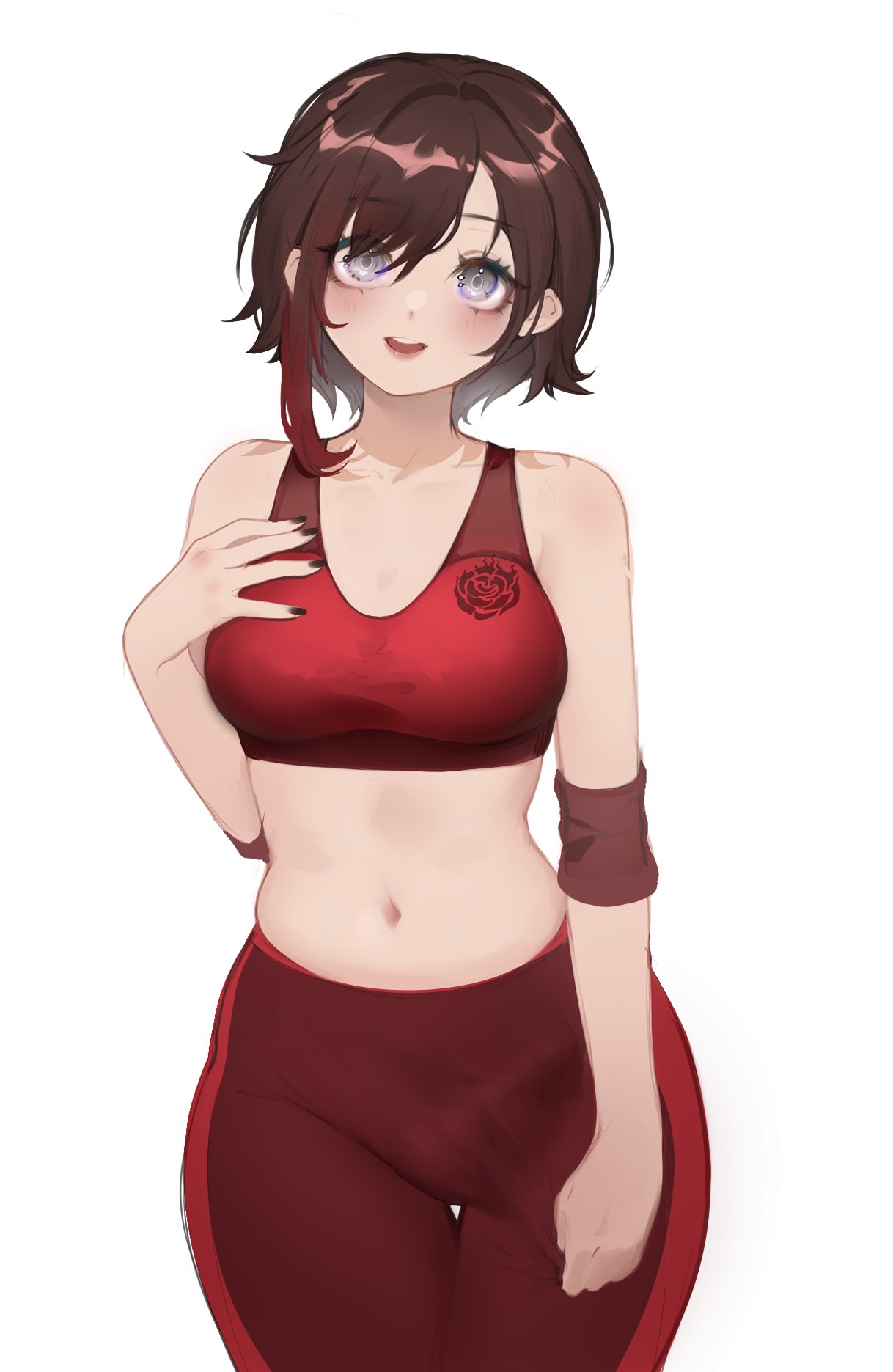 1girls, bulge, bulge through clothing, dramaprincess 8, emblem, erection, erection under clothes, erection under clothing, female, futanari, intersex, red hair, ruby rose, rwby, silver eyes