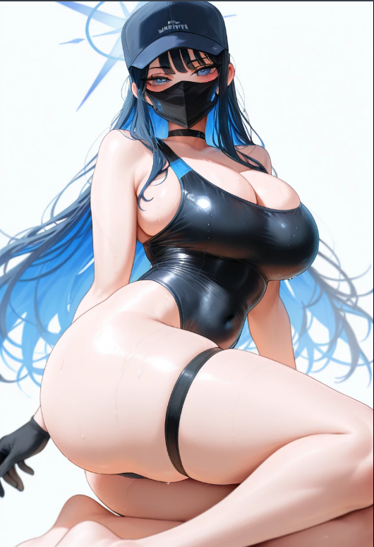 alternate_costume ass barefoot black_choker black_gloves black_one-piece_swimsuit blue_archive blue_eyes blue_hair blue_halo blue_hat blush breasts choker colored_inner_hair commentary_request covered_mouth female gloves halo hat highres large_breasts long_hair looking_at_viewer mask mouth_mask multicolored_hair navel one-piece_swimsuit paid_reward_available saori_(blue_archive) simple_background skindentation solo swimsuit thigh_strap thighs two-tone_hair