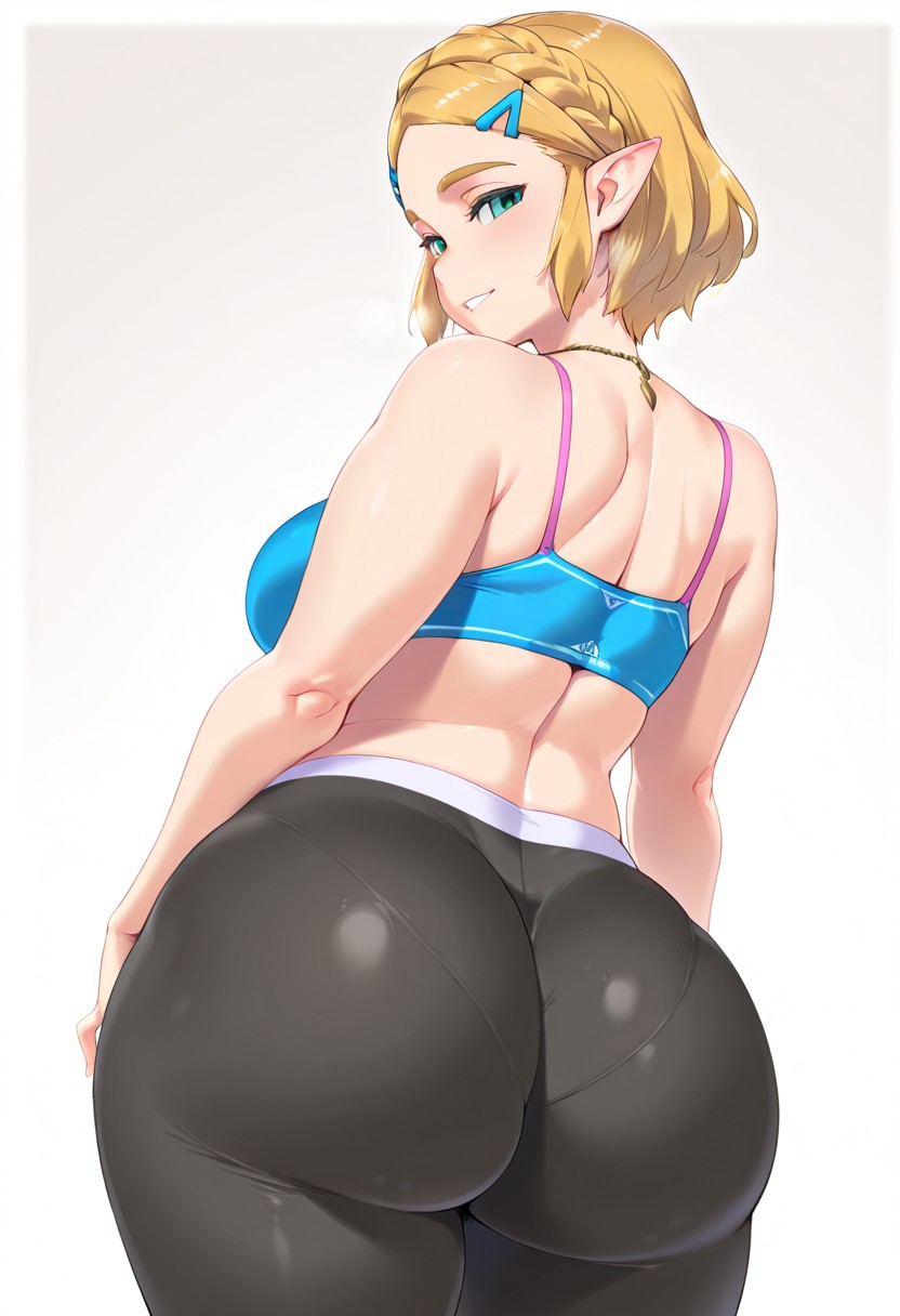 ai_generated big_ass bimbo blonde_hair blue_eyes female female_focus female_only looking_at_viewer looking_back nintendo princess_zelda smile thick_thighs yoga_pants