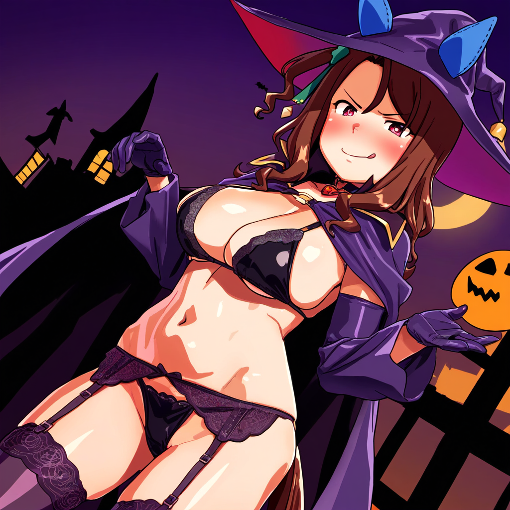 ai_generated animal_ears black_bra black_stockings brown_hair cosplay female halloween horse_girl king_halo_(umamusume) red_eyes ribbon thighhighs umamusume umamusume_pretty_derby