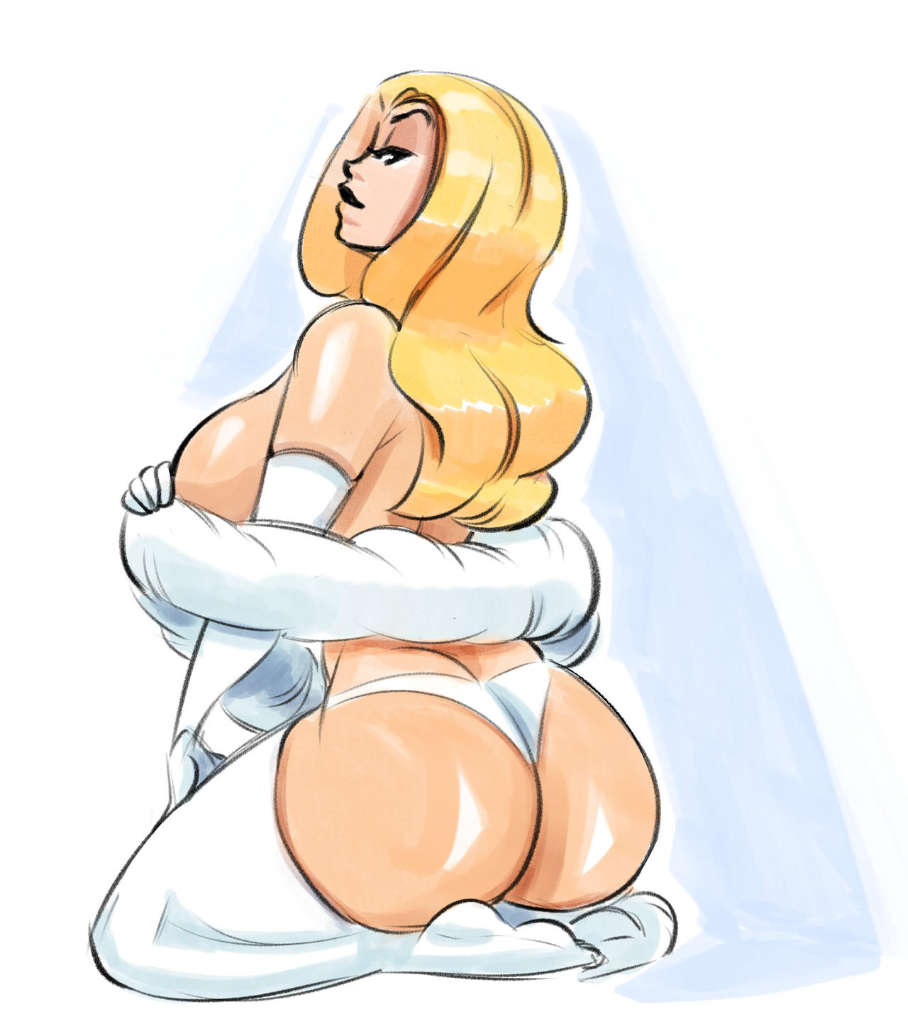 ass ass_focus blonde_hair blue_eyes bosjsnc breasts dat_ass emma_frost large_breasts marvel marvel_comics opera_gloves panties pinup sideboob thighhighs thong thong_panties white_queen x-men