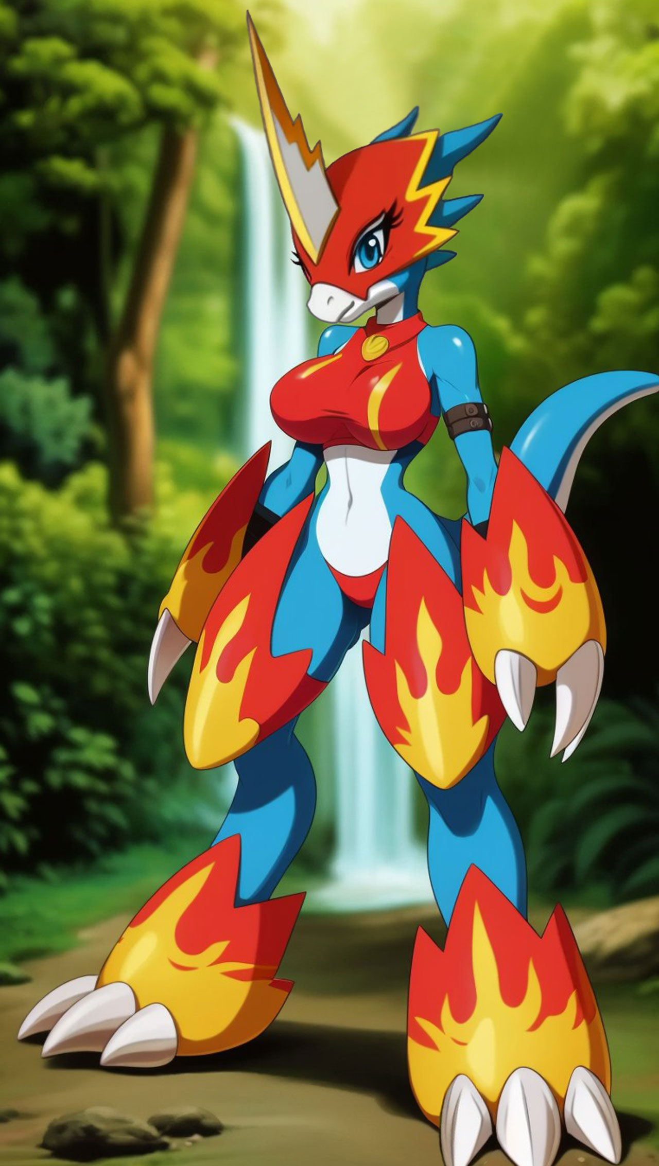 ai_generated armor blue_body cinder-ace-burn digimon digimon_(species) digimon_adventure_02 female flamedramon