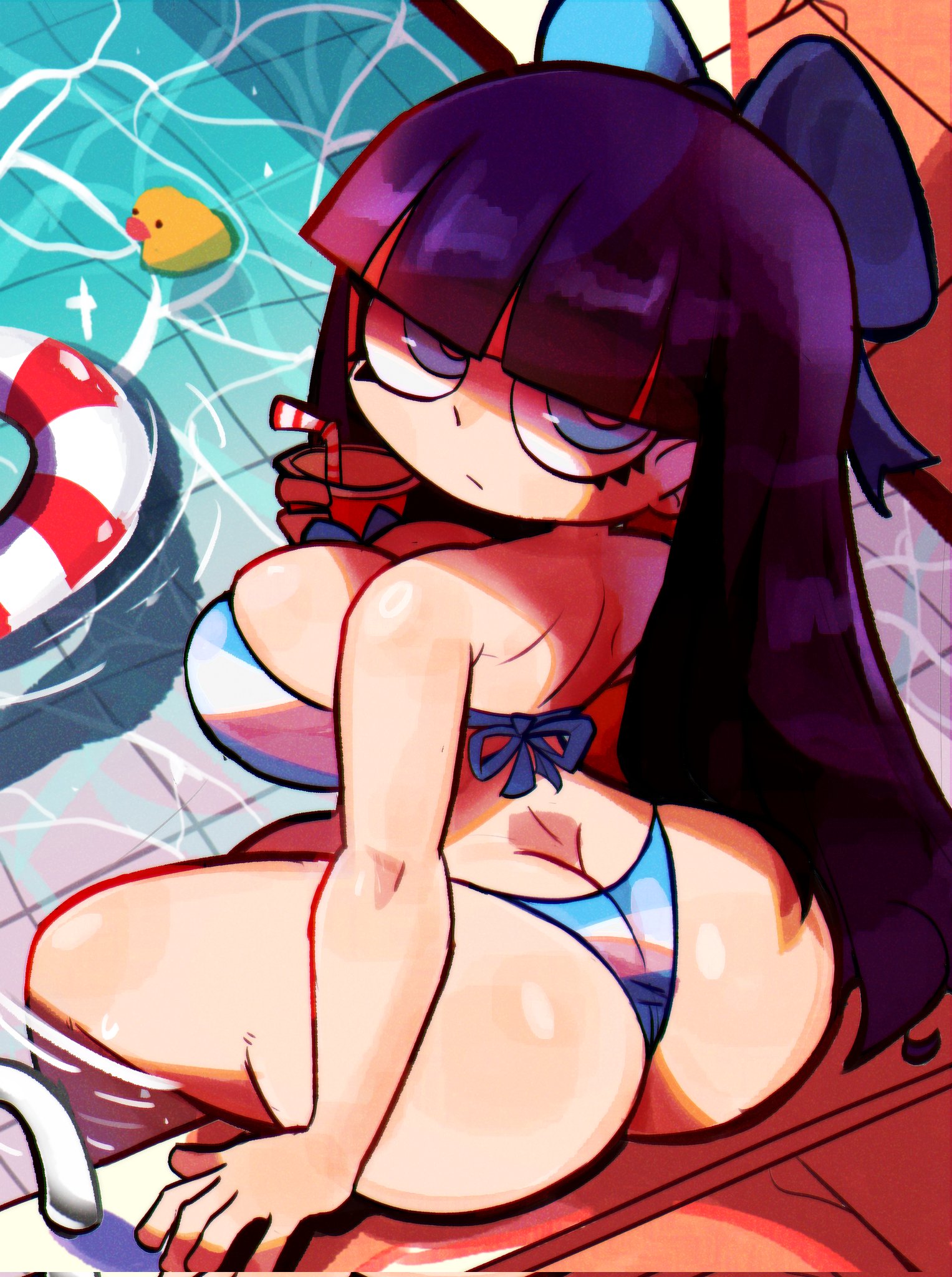 1girls, ass, azjack, breasts, female, female only, large ass, large breasts, light skin, light-skinned female, looking at viewer, looking back, panty & stocking with garterbelt, solo, stocking anarchy, thick thighs, thighs