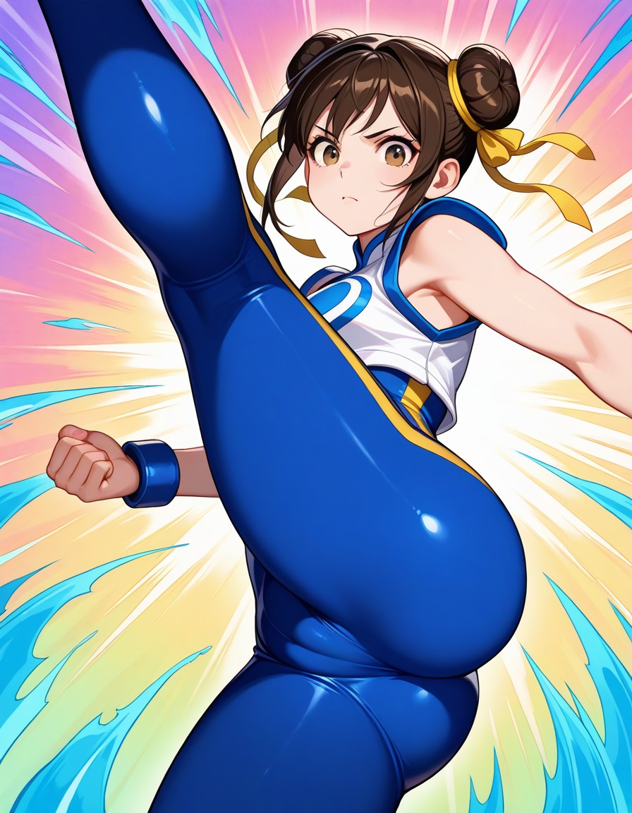 accessory ai_generated background big_thighs blue_clothing breasts cameltoe chun-li chun-li_(battle_ouffit_sfv) chun-li_(fortnite) female female_only fighting_stance fishnet_legwear fishnets posing spiked_bracelet street_fighter street_fighter_6 street_fighter_v